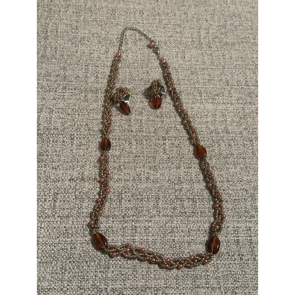 vintage multi-strand twisted bead necklace and matching clip-on earring set.